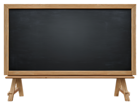 Empty Blackboard: An eye-level shot captures an empty blackboard, mounted on a wooden easel. Ideal for educational or business use.