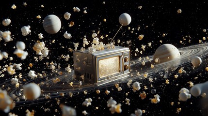 A surreal image of a vintage microwave floating in a colorful galaxy among popcorn and pastel planets, blending cosmic whimsy with kitchen nostalgia in a fantastical space scene.

