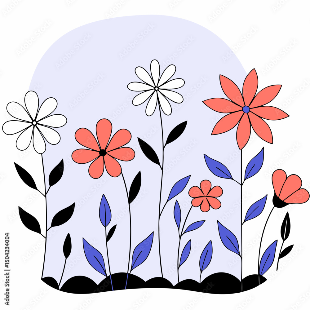 Poster vector vibrant digital painting of array of flowers in various colors, showcasing cheerful and livel