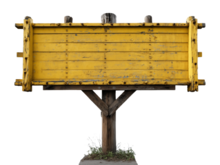 Yellow Road Sign: An aged, weathered yellow road sign mounted on a wooden post, ideal for conveying information, direction, and guidance.