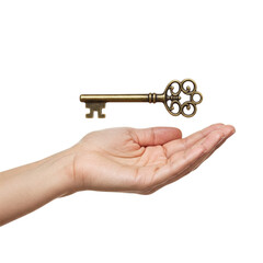 Hand holds key over open palm isolated on transparent background