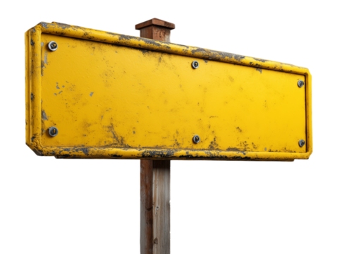 Yellow Road Sign: An aged, weathered yellow road sign mounted on a wooden post, ideal for conveying information, direction, and guidance.