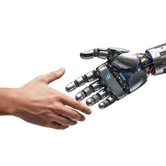Hand robot that shakes human hands isolated on transparent background