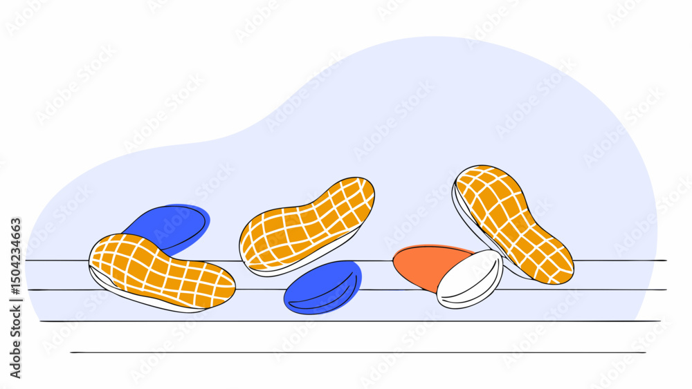 Poster vector dried shelled peanuts various colors and shapes, showcasing their unique textures and forms, 
