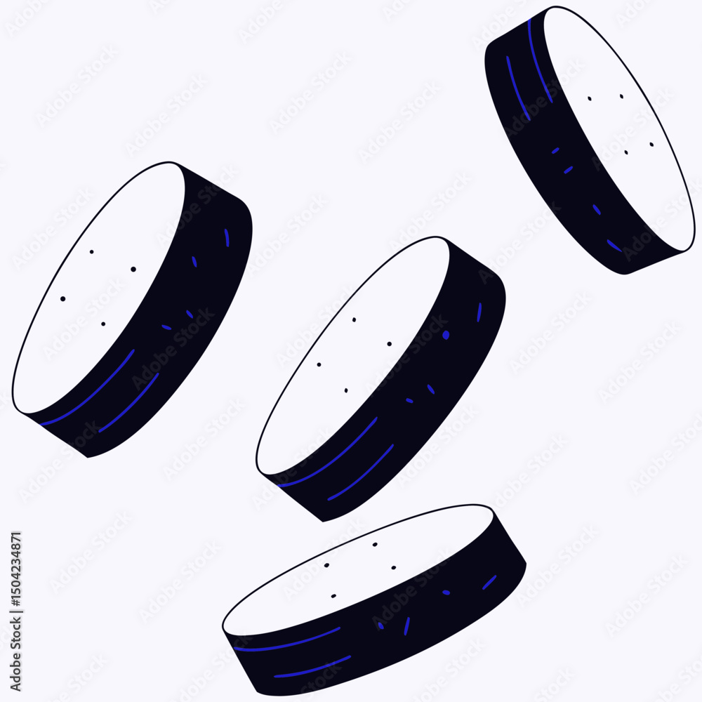 Poster vector crisp black and white circular objects with blue accents floating in air, creating dynamic vi