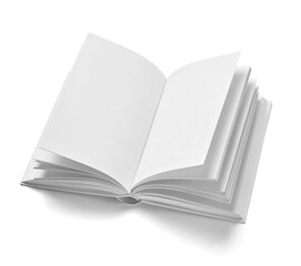 close up of an open white book on white background