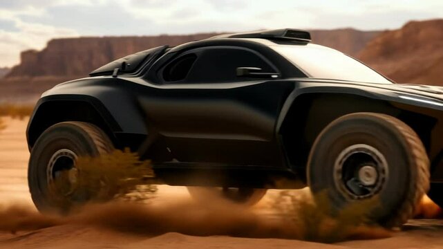 Rugged offroad vehicle powers through desert terrain under sunny skies