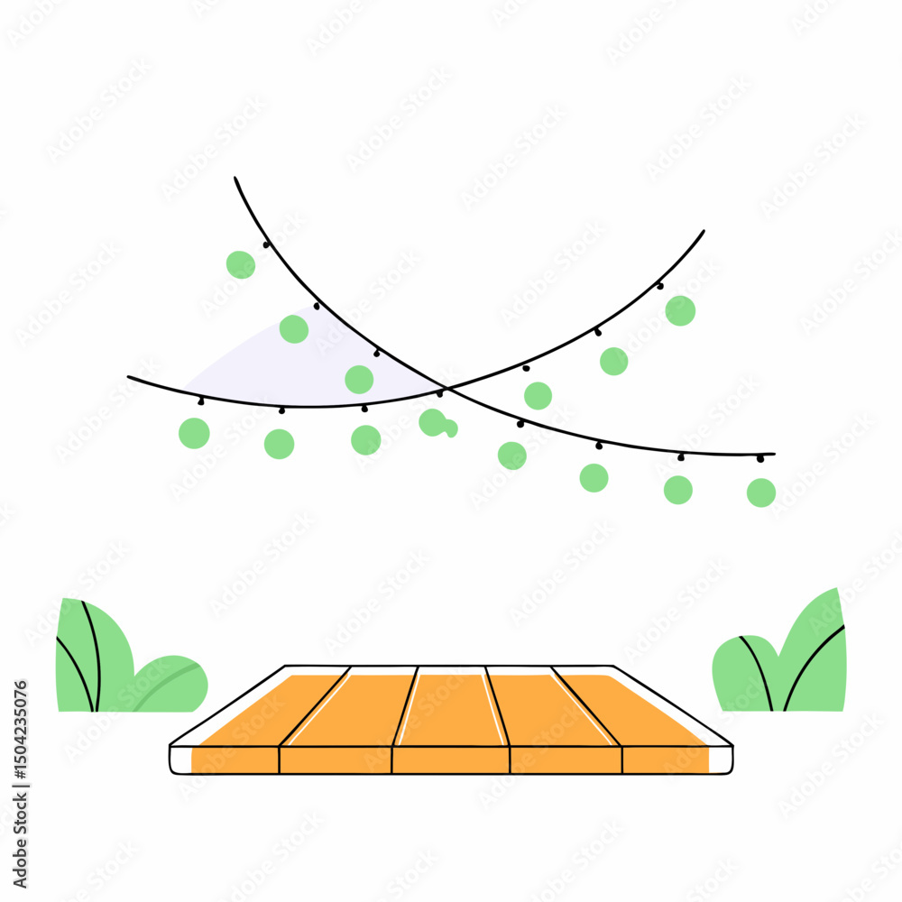 Poster vector vibrant wooden table is set against simple background with decorative string lights and green