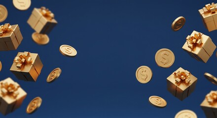 Golden gifts and money rain down on dark blue. Finance background for banner use