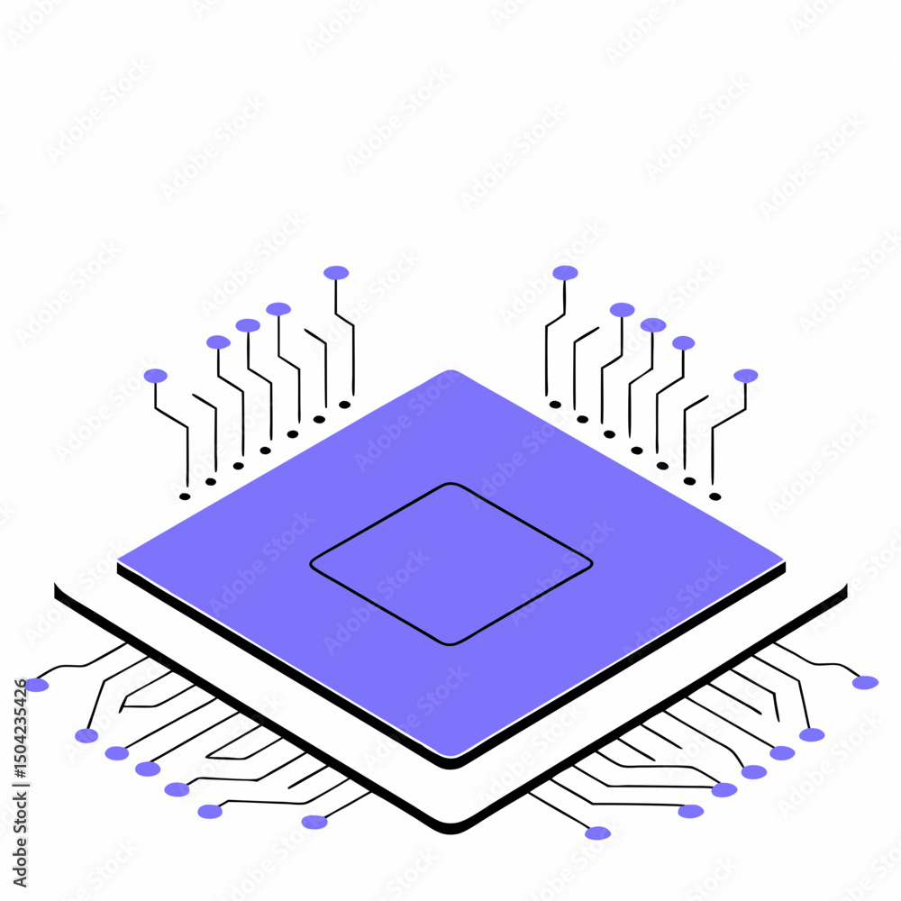 Poster vector high tech microchip with purple accents and circuit lines, symbolizing advanced technology an