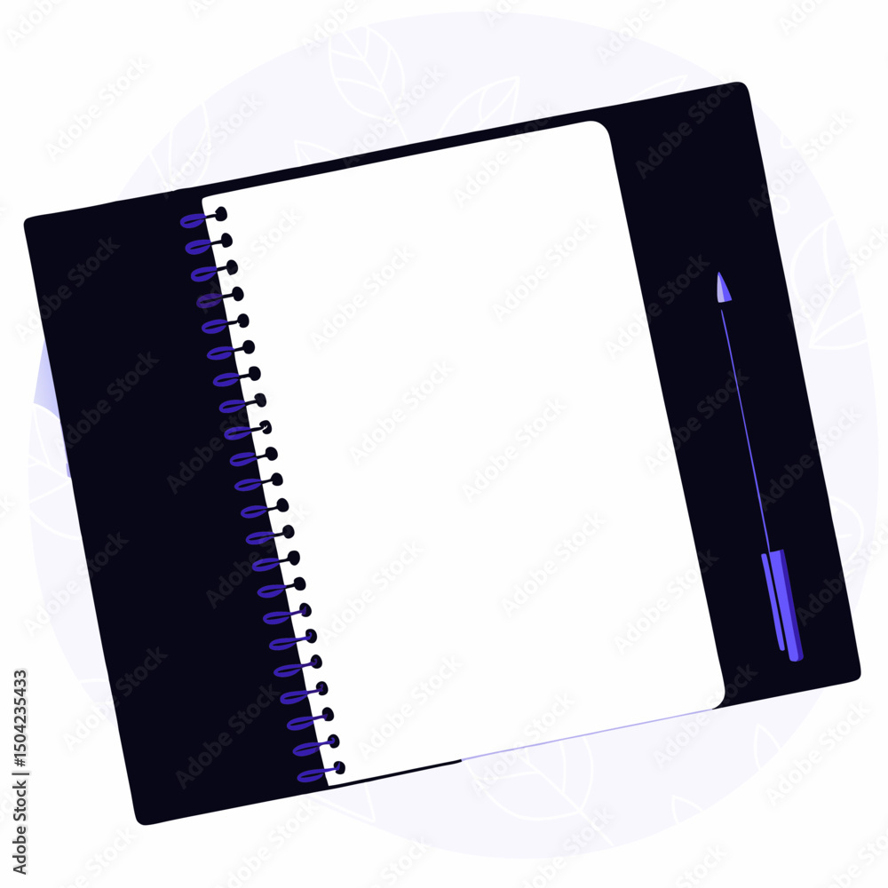 Poster vector blank notebook with spiral binding and pen, set against subtle leaf background, perfect for c