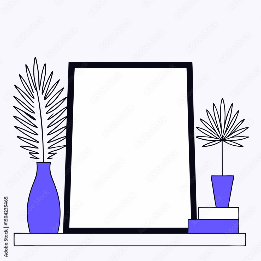 Poster vector minimalistic mockup of empty poster frame with decorative plants and geometric shapes, creati