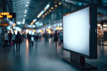 Blank digital billboard in an airport terminal. Busy travelers move around