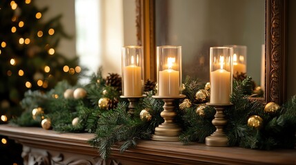 A festive mantelpiece adorned with candles, ornaments, and greenery, creating a warm, inviting holiday atmosphere.