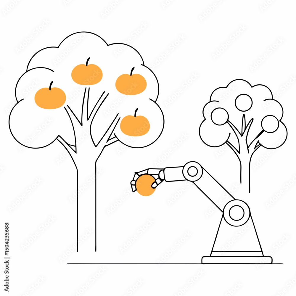 Poster vector robotic arm is picking oranges from tree, showcasing automation agriculture. scene highlights