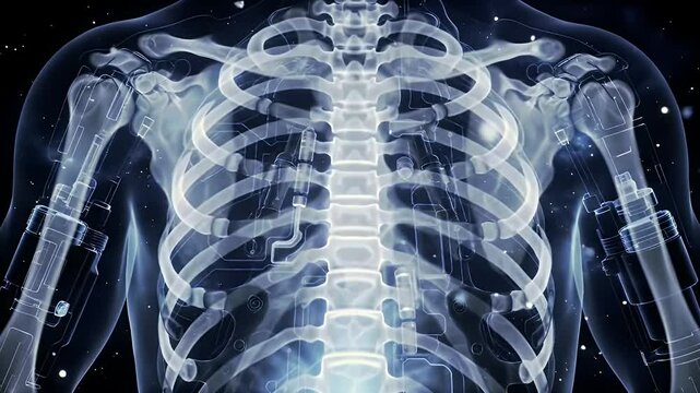 Detailed Human Skeletal System Animation in Blue Light on Black Background for Educational Medical or Scientific Projects