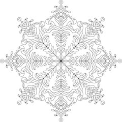 snowflake coloring book, vector image of new year pattern, frosty round ornament for coloring, christmas outline decor for antistress and relaxation