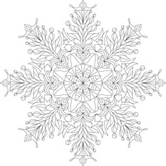 snowflake coloring book, vector image of new year pattern, frosty round ornament for coloring, christmas outline decor for antistress and relaxation