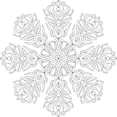snowflake coloring book, vector image of new year pattern, frosty round ornament for coloring, christmas outline decor for antistress and relaxation