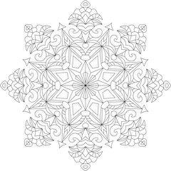snowflake coloring book, vector image of new year pattern, frosty round ornament for coloring, christmas outline decor for antistress and relaxation