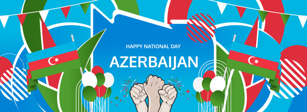Azerbaijan Restoration of Independence Day greeting banner. 18 October Happy National Day. Festive horizontal background in flag colors, great for carnival poster, tourism campaign, holiday flash sale