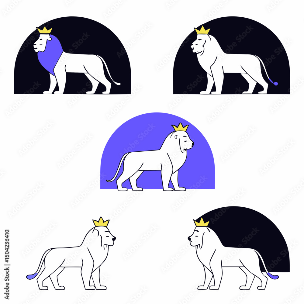 Poster vector lions with crowns in various poses and colors create striking visual display, showcasing thei