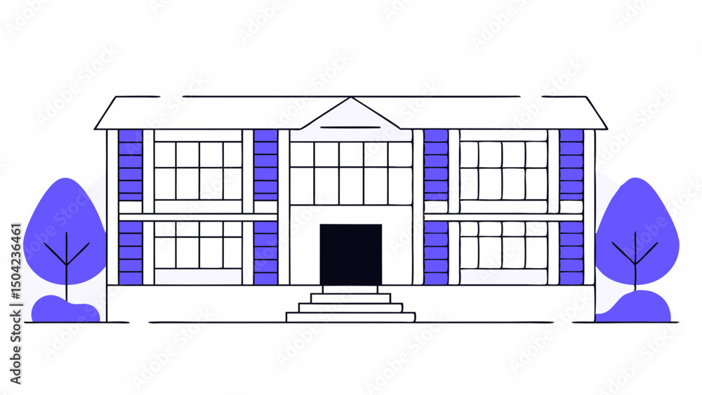 Poster vector modern building with symmetrical architecture features large windows and central entrance, su