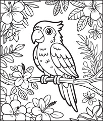 Obraz premium Beautiful parrot sitting on a tree branch in natural scenery outline vector line art illustration coloring page design for kids