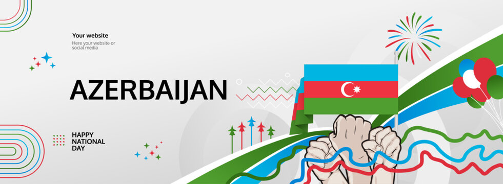 Azerbaijan Restoration of Independence Day greeting banner. 18 October Happy National Day. Festive horizontal background in flag colors, great for carnival poster, tourism campaign, holiday flash sale