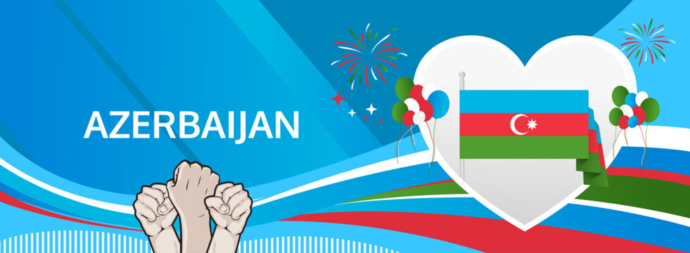 Azerbaijan Restoration of Independence Day greeting banner. 18 October Happy National Day. Festive horizontal background in flag colors, great for carnival poster, tourism campaign, holiday flash sale