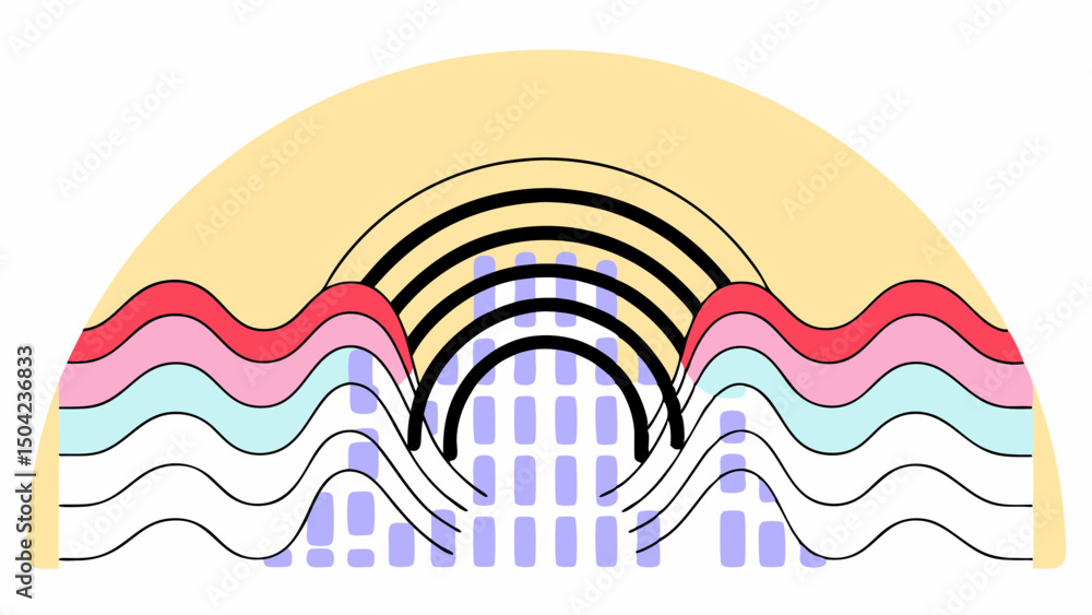 Poster vector colorful sound waves create vibrant audio spectrum with layered curves and arches, evoking se