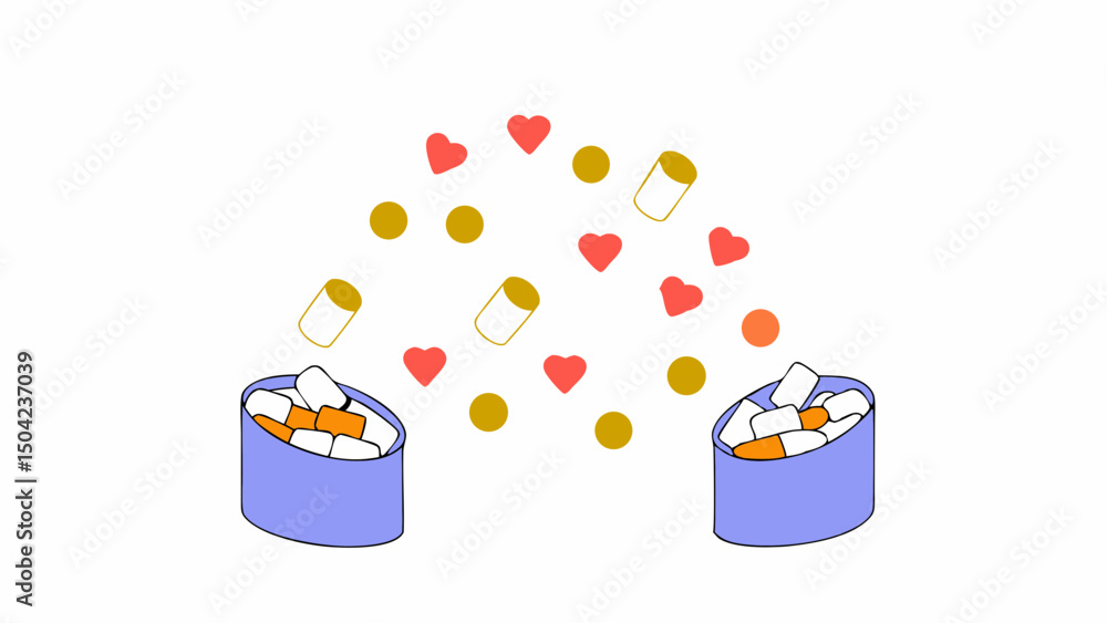 Poster vector colorful featuring two containers filled with marshmallows, surrounded by hearts and circular