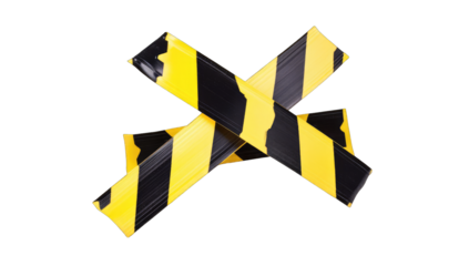 Two black and yellow striped caution tapes crisscrossed, forming an 'X' shape against a black background