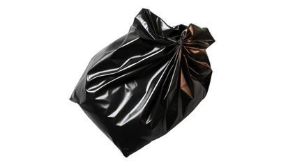 A crumpled, dark plastic garbage bag, partially filled, floats against a black background, its sheen reflecting light