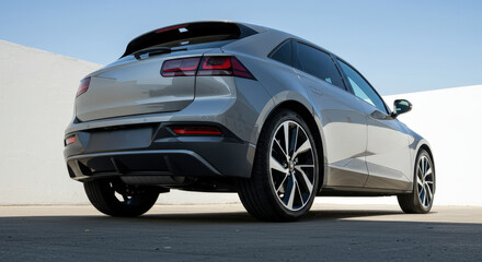 New electric vehicle design showcased under clear blue sky in modern setting