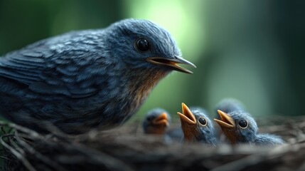 Obraz premium A mother bird feeds her young in a nest.
