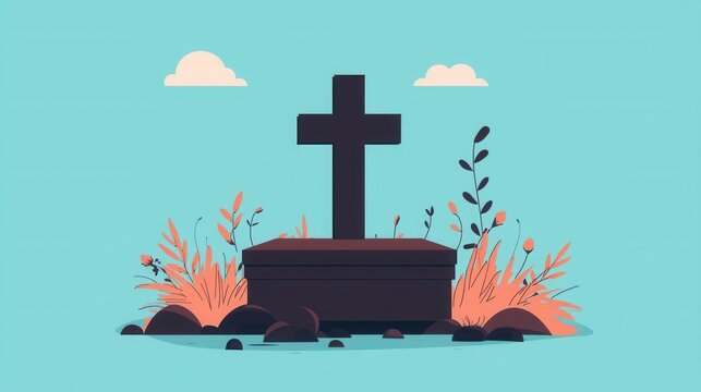 Funeral box with cross design, monochrome style, flat design illustration
