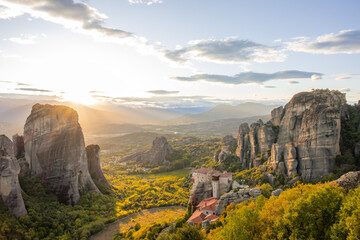 Sunset at Meteora Rocks and Greek Monastery
