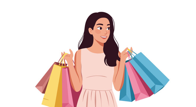 Happy Woman with Colorful Shopping Bags Retail Therapy Illustration