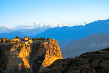 Greek Rock Monastery in Sunset Light