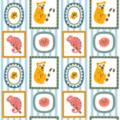 Seamless pattern with cute lemurs, chameleons, and tropical flowers framed in decorative shapes, ideal for jungle-themed designs.