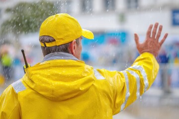 Individual wearing a bright yellow raincoat and cap waves hand in heavy rain, showcasing resilience and determination amidst challenging weather conditions