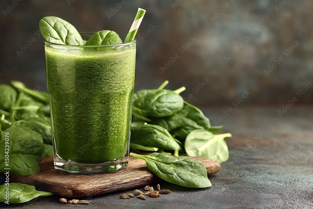Aufkleber fresh spinach smoothie with paper straw is surrounded by spinach leaves and flax seeds on a rustic w