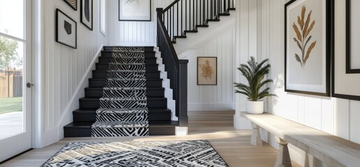 Modern Staircase Design with Black and White Geometric Rug