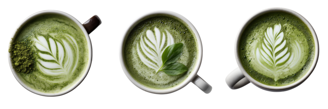 Artistic matcha lattes with leaf designs coffee shop on transparent background