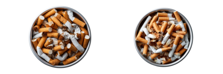 Cigarette waste disposal in urban areas pollution close-up collection on transparent background