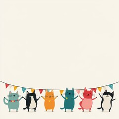 Obraz premium Six colorful cartoon cats celebrate together under festive bunting on a light background, creating a cheerful party atmosphere.