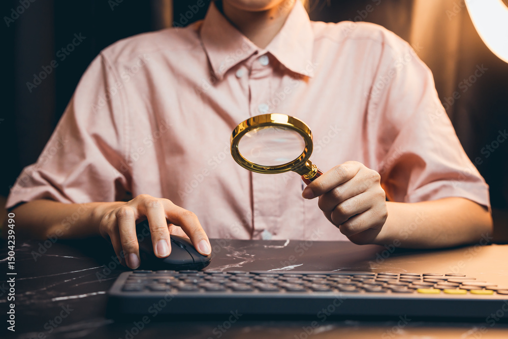 Poster person holding magnifying glass while using computer mouse in office environment for investigation o