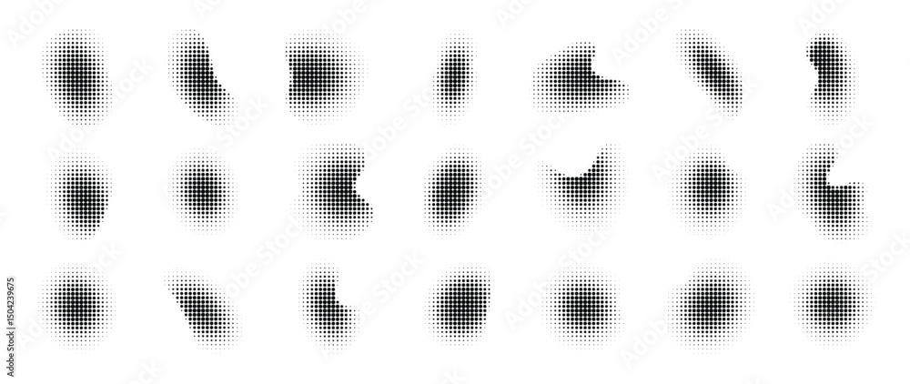 Poster Abstract dotted halftone shape collection. Black and white digital halftone gradient pattern. Elements on white background for business, education and technology.