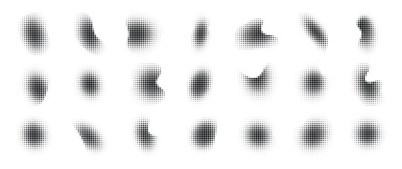 Plakat Abstract dotted halftone shape collection. Black and white digital halftone gradient pattern. Elements on white background for business, education and technology.